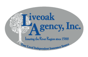 Liveoak Agency logo with blue lettering, white tree & grey background.
